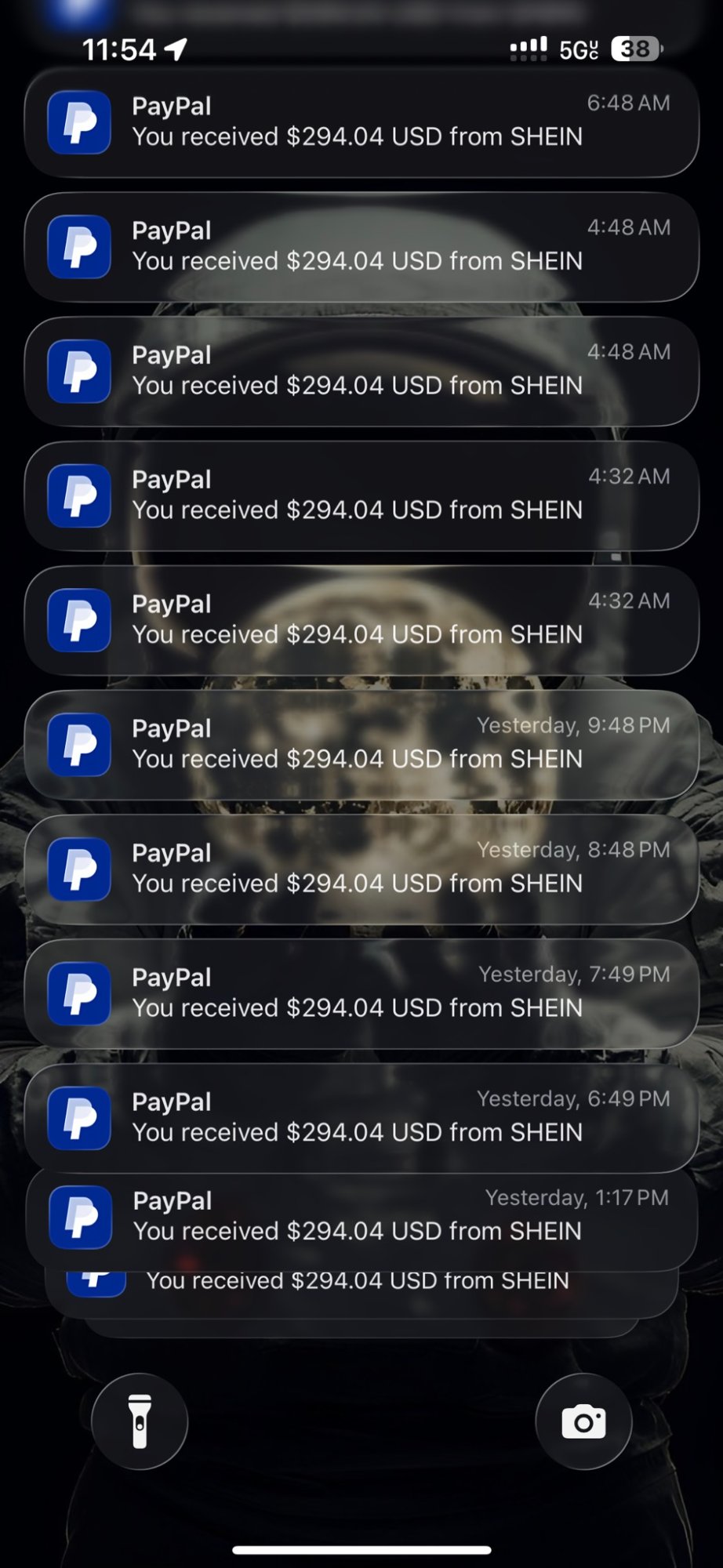 Multiple $294.04 PayPal payment notifications received from SHEIN FlipToWin referral